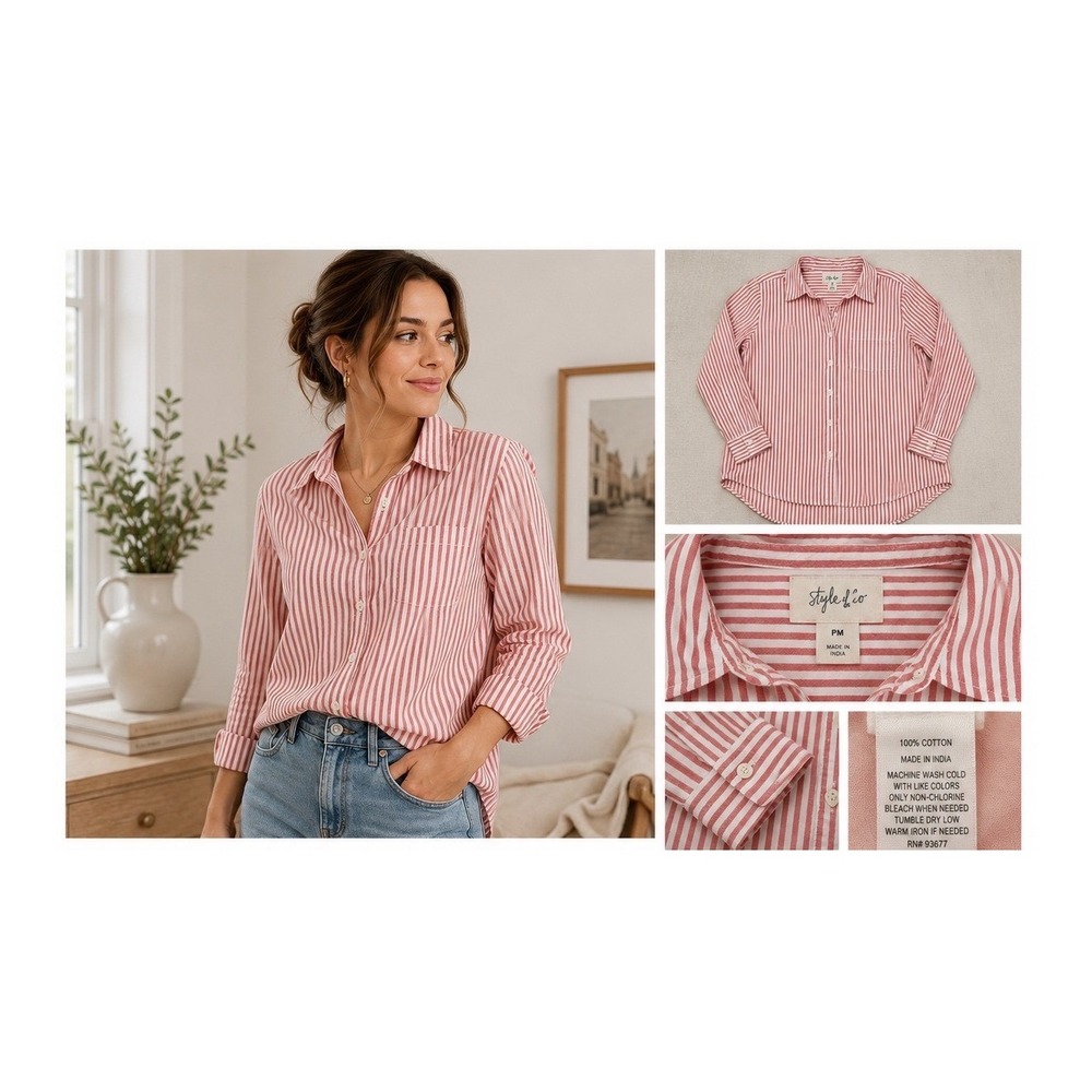 Style & Co Button Down Shirt‎ Womens PM Red White Striped Cotton Long Sleeve Top